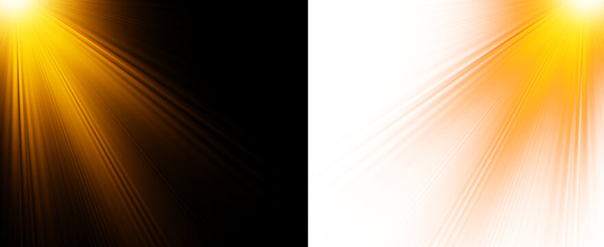 Bright golden sun rays burst across black background, light flare abstract bright warm energy glow soft focus sunburst light streak overlay transparent