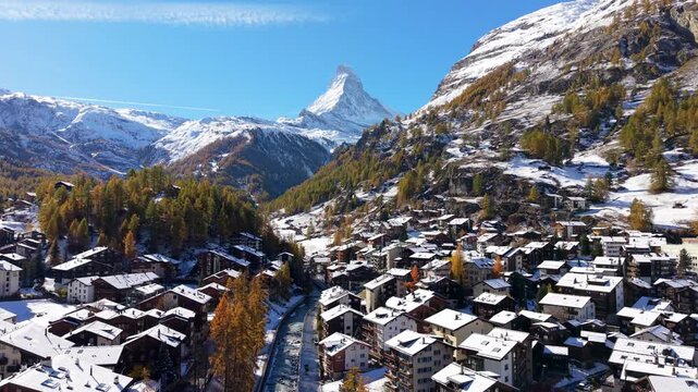 Aerial view of Zermatt townscape and Matterhorn mountain. Zermatt, Valais, Switzerland.