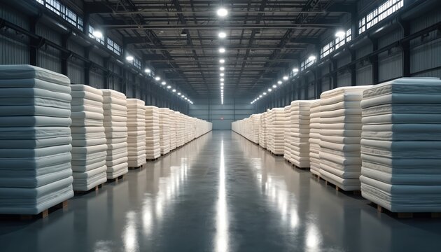 Rows of mattresses stacked high in a vast warehouse. Industrial lights illuminate the clean, reflective floor, creating a sense of scale and order in the storage facility.