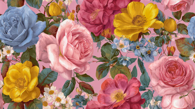 Seamless flowers background with pink, yellow, blue and red flowers, style chabby chic.
