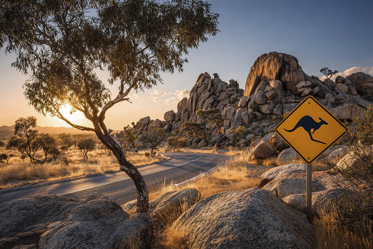 Australian outback landscape with kangaroo road sign, rocky terrain, winding road, dry grass, and eucalyptus tree at sunset creating warm natural light and peaceful atmosphere