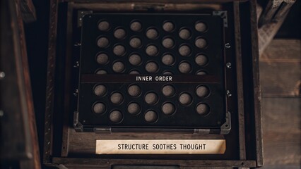 A Black Grid With Circular Openings Showing a Textured Pattern Above the Words Inner Order and Structure Soothes Thought