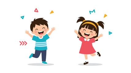 Happy young boy and girl cheering and jumping for joy with colorful confetti shapes in a fun cartoon illustration.