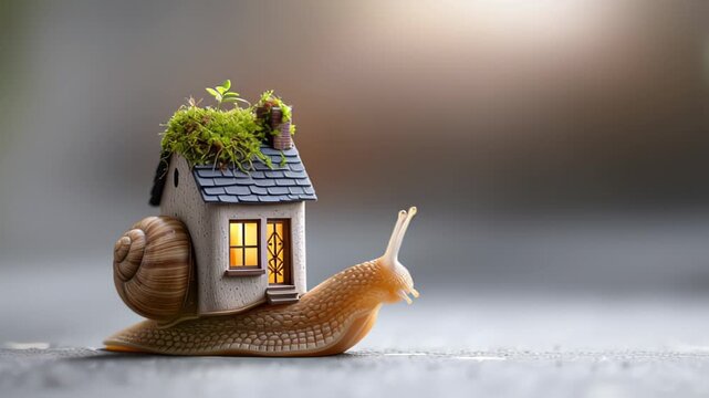 Snail carrying a small house on its shell in whimsical concept. Video.