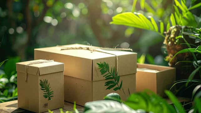 Kraft boxes, adorned with twine and fern leaves, nestled amidst lush greenery