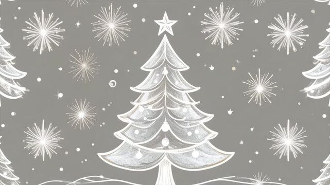 White Christmas trees with a star, falling snow, against gray background