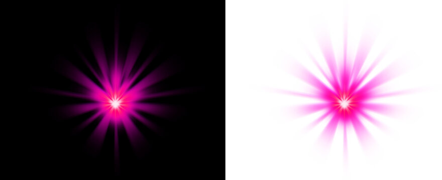 Vibrant pink starburst explosion with radiating light beams and bright core isolated on black and transparent backgrounds