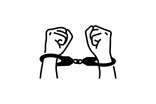 Hands in handcuffs Criminal concept Arrested punishment Bondage convict contour outline line icon black color vector illustration thin flat style