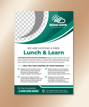 we are hosting a free lunch and learn Flyer template in vertical layout. quarter circle shape for photo collage. combination black and green gradient on ornament isolated on white background.