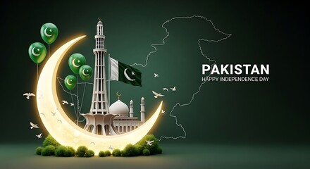 Obraz premium Pakistan Independence Day illustration with Minar-e-Pakistan, crescent moon, flag, birds, and green landscape
