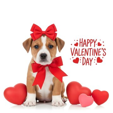 Adorable valentine's day puppy with red bow and hearts