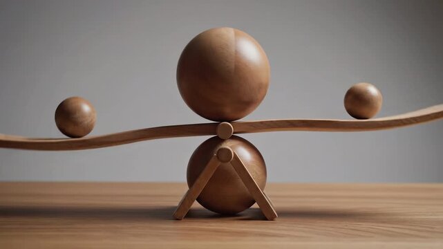 Wooden spheres balanced on a wooden beam, representing equilibrium and stability.
