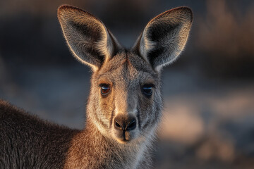Fototapeta premium Close up kangaroo portrait with ears raised in gentle lighting showing detailed fur texture and expressive eyes in natural outdoor setting