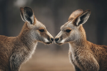 Two young kangaroo facing each other in close up wildlife portrait with soft natural light and blurred background creating calm and intimate atmosphere
