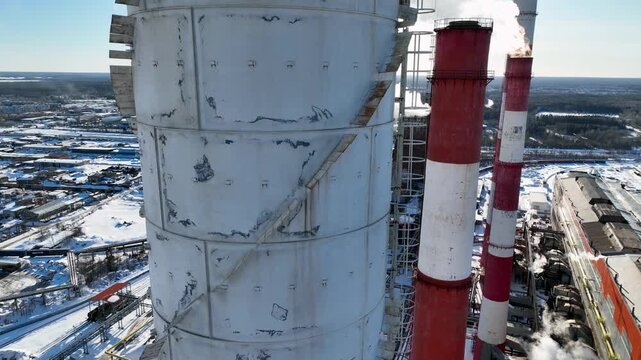 Chimneys of a thermal power plant in close-up