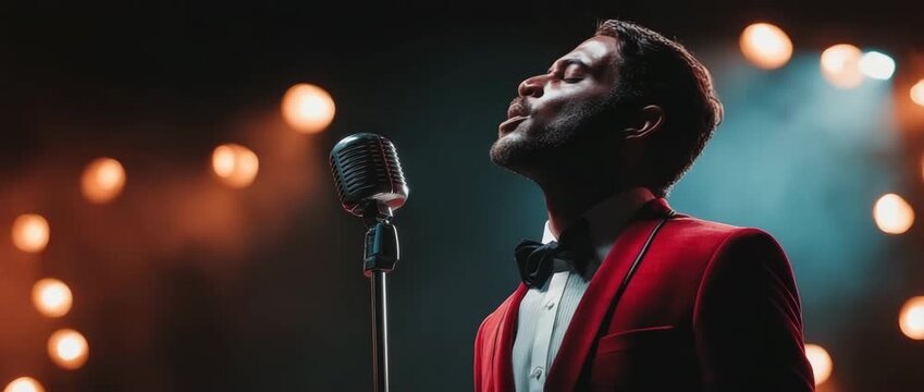 On stage, a singer showman with a microphone is performing. A self-assured man sings while a velvet suit and bow tie are framed by bright spotlights and smoke. inspiring idea for successful live enter