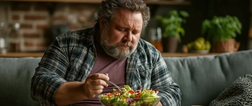 A obese, overweight man thinks about his food, health, and salad. He weighs quantities and nutrients on a couch at home.