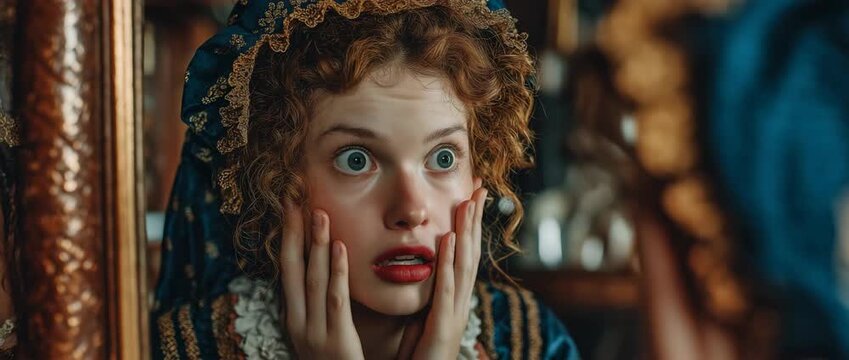 A young Caucasian woman dressed in a Renaissance costume glances at the mirror with a startled face. Beauty's emotional response to fashion and historical concepts
