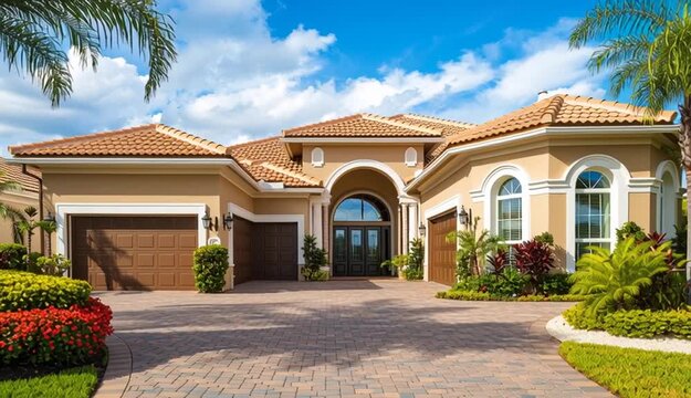 Luxury Mediterranean style single-story house with terracotta tile roof and cream stucco exterior, three garage doors, arched entrance, paver brick driveway, tall palm trees on both sides