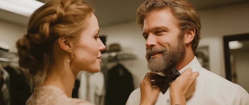 Backstage, a helpful wife is straightening her husband's bow tie.