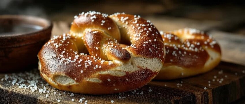 On a rustic wooden board, soft pretzels with a cup of water and coarse salt. Christian Lenten fasting customs that resemble crossed arms in prayer