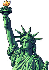 Fototapeta premium Vivid pixel art rendition of a towering green female figure adorned with a radiant crown and holding a majestic torch, an enduring emblem of liberty and national pride