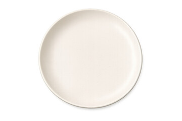 Empty round white ceramic plate isolated on transparent background, tableware for food presentation, overhead view