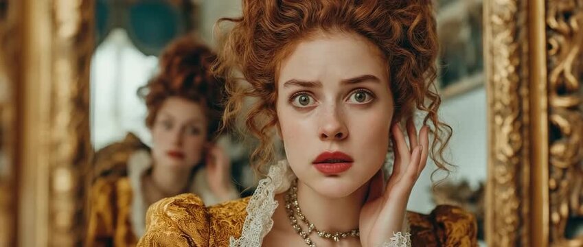 A young Caucasian woman dressed in a Renaissance costume glances at the mirror with a startled face. Beauty's emotional response to fashion and historical concepts