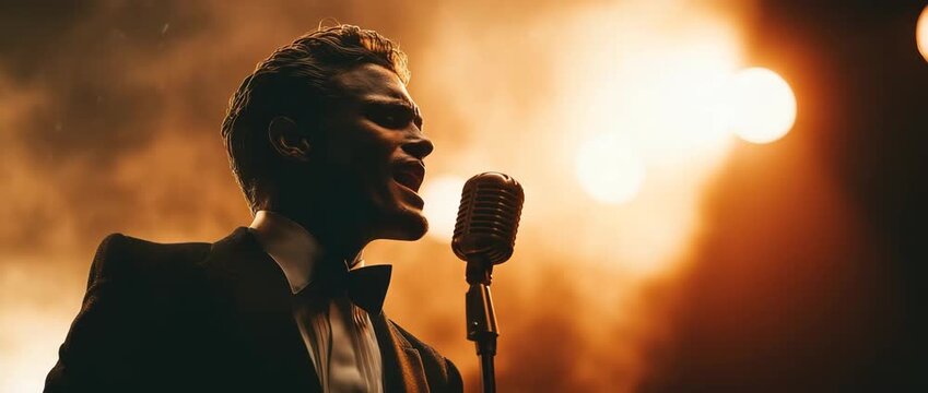 On stage, a singer showman with a microphone is performing. A self-assured man sings while a velvet suit and bow tie are framed by bright spotlights and smoke. inspiring idea for successful live enter