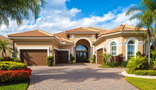 Luxury Mediterranean style single-story house with terracotta tile roof and cream stucco exterior, three garage doors, arched entrance, paver brick driveway, tall palm trees on both sides
