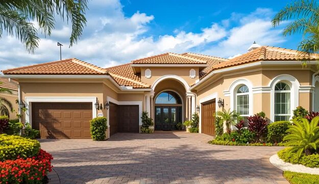 Luxury Mediterranean style single-story house with terracotta tile roof and cream stucco exterior, three garage doors, arched entrance, paver brick driveway, tall palm trees on both sides