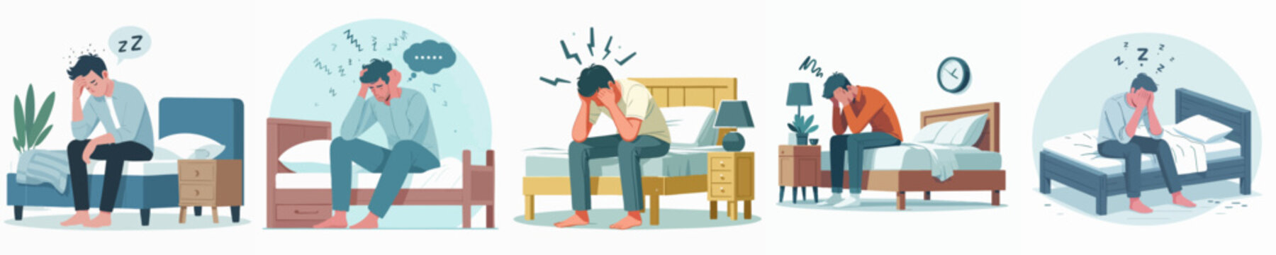 Flat Style Depression and Insomnia Illustration with Man Sitting on Bed