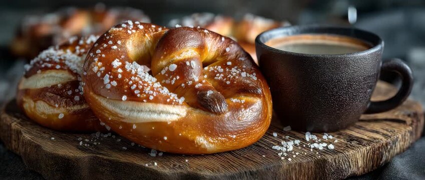 On a rustic wooden board, soft pretzels with a cup of water and coarse salt. Christian Lenten fasting customs that resemble crossed arms in prayer