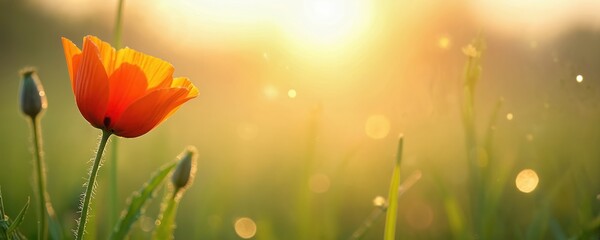 Orange poppy flower blooms in soft sunlight on grassy field. A closed bud sits nearby, wet with dew. Blurred bokeh background, peaceful nature scene, perfect for banners.