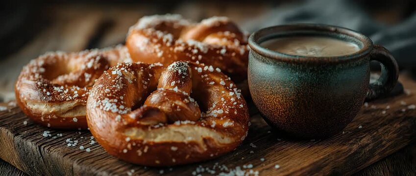 On a rustic wooden board, soft pretzels with a cup of water and coarse salt. Christian Lenten fasting customs that resemble crossed arms in prayer