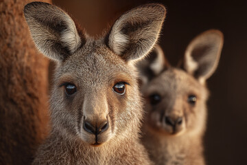 Fototapeta premium Two young kangaroo joeys with soft fur and large ears looking curiously, close up portrait with warm lighting creating gentle and calm atmosphere in natural setting