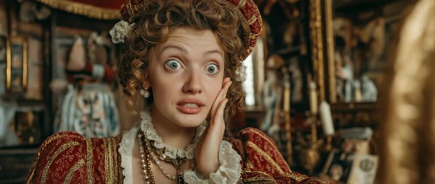 A young Caucasian woman dressed in a Renaissance costume glances at the mirror with a startled face. Beauty's emotional response to fashion and historical concepts