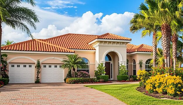 Luxury Mediterranean style single-story house with terracotta tile roof and cream stucco exterior, three garage doors, arched entrance, paver brick driveway, tall palm trees on both sides