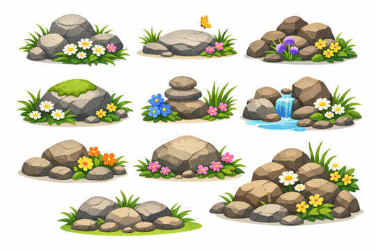 Stone and Rock Vector Collection &ndash; Grass and Flower Nature Design Set