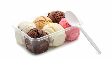 Frozen Dessert Ice Cream in Plastic Box with Disposable Spoon Isolated