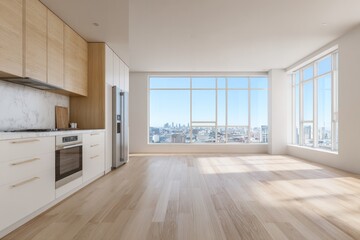 Modern residential interior features light wood cabinetry and expansive city views through large windows