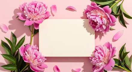 Obraz premium Elegant pink peonies and lush green foliage surround a blank white card for wedding invitations or greeting cards