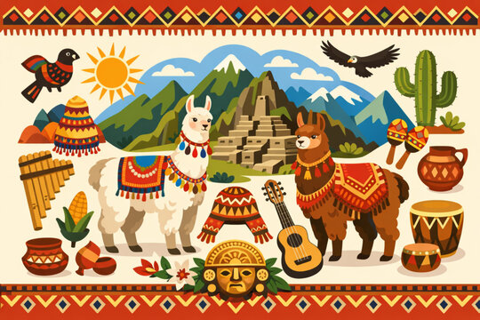 Peruvian Cultural Symbols Vector &ndash; Llamas, Machu Picchu, Andean Mountains, and Traditional Textiles