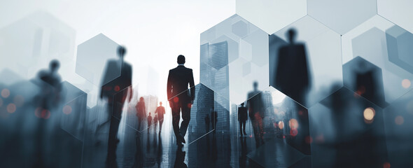Shadowed professionals stand before hexagonal cityscape, suggesting collaboration and innovation.