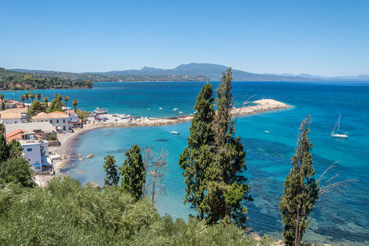 Panoramic View of the Picturesque Harbor and Turquoise Waters of Koroni Village, Messinia, Peloponnese, Greece