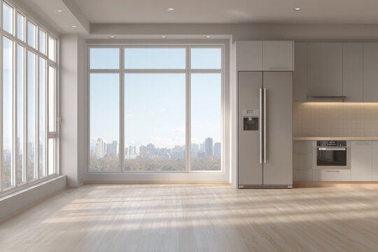Bright modern apartment interior featuring built-in kitchen appliances and panoramic city views through large windows