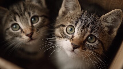 Naklejka premium Two kittens are looking at the camera with their eyes wide open