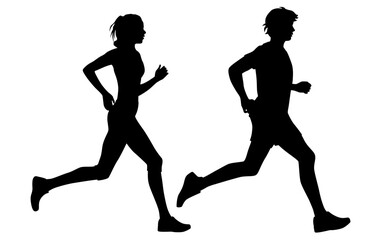 Running people, man and woman, vector silhouettes couple of athletes, profile, black, isolated on a white background