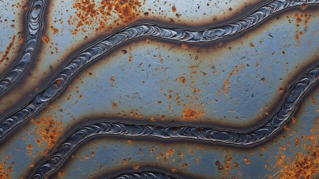 Heavily rusted metal surface with intricate, dark grey, shiny weld seams creating a textured, industrial abstract pattern