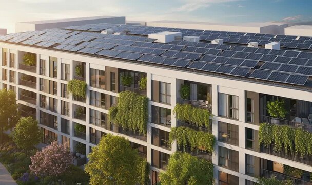 Creating Energy Efficient Green Building with Solar Panels and Lush Vertical Gardens